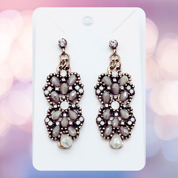 Jewelry - Vintage Inspired Silver-Tone Opaline & Crystal Cluster Dangle Earrings